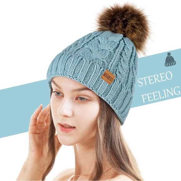 Womens Winter Warm Fleece Lined Knitted Soft Ski Cuff Beanie Hat with Pom Pom